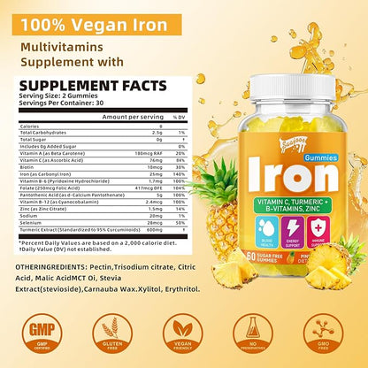 Iron Gummies with Multivitamin for Adults & Kids – Packed with Vitamin B6, B12, C, Zinc, and Folate – for Blood Health & Energy Boost – Pineapple Flavor, Vegan-Friendly, 60 Gummies