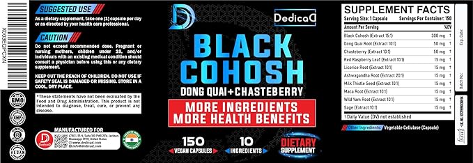 12in1 Black Cohosh 5-Month Supply for Menopause Support Supplement - 6700mg with Dong Quai, Chasteberry, Red Raspberry, Licorice, Wild Yam & more - Boost Immunity & Balance Mood - 150 Capsules