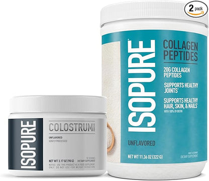 Bundle of Isopure Bovine Colostrum Supplement Powder, Gently Processed, 90 Servings + Isopure Collagen Peptides Powder,14 Servings, Unflavored, with Vitamin C, with Biotin
