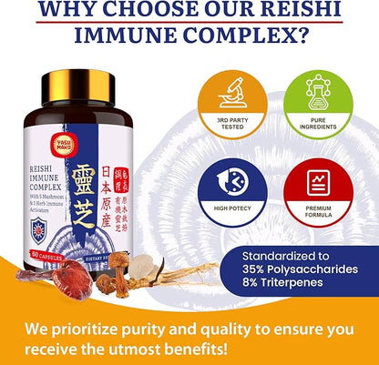Japanese Reishi Mushroom Complex Supplement 1500mg - Reishi,Chaga,Cordyceps,Lion's Mane,Maitake,Agaricus Mushrooms Extract & 3 Herb,Organic Mushroom Capsules for Immune,Brain,Energy (Pack of 2)