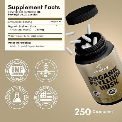 Organic Psyllium Husk Capsules, Natural Fiber Supplement for Gut Health* - Alternative to Psyllium Husk Powder, Zealthy Life, 250 Capsules