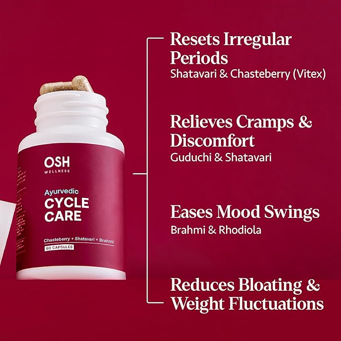 Holistic PMS & Symptom Relief for Women | Ayurvedic Menstrual Cycle Regulator | Made in USA | Eases Hormonal Cramps, Bloating & Acne | Vitex, Bacopa, Shatavari, Borage Oil & Brahmi– OSH Wellness