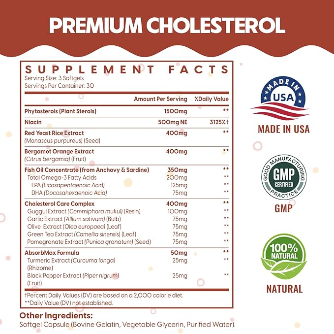 Cholesterol Supplements with Plant Sterols, Niacin, Red Yeast Rice, Citrus Bergamot, Garlic, Cholesterol Supplement Support Normal Cholesterol Levels, 360 Softgels
