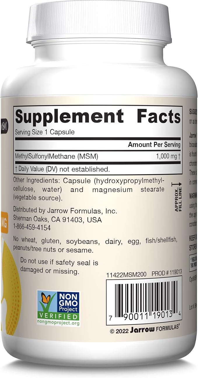 Jarrow Formulas® MSM Capsules, 1,000 mg, Methylsulfonylmethane, Joint Health Support, 200 Capsules, Up To 200 Servings