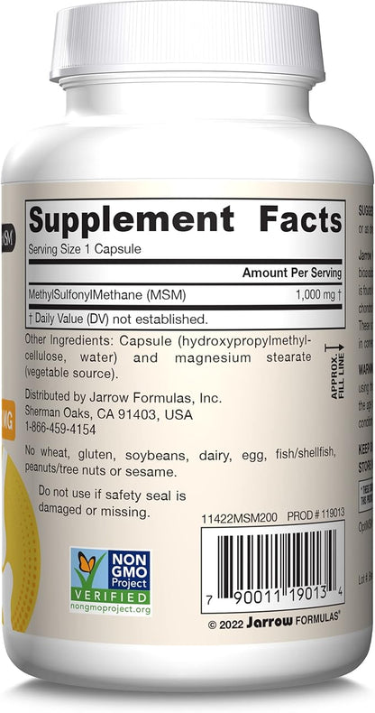 Jarrow Formulas® MSM Capsules, 1,000 mg, Methylsulfonylmethane, Joint Health Support, 200 Capsules, Up To 200 Servings
