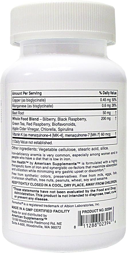Iron Health 42.5 Mg Non-Constipating Iron with 16 Iron-Supporting Vitamins and Nutrients Including Vitamin C 60 Tablets