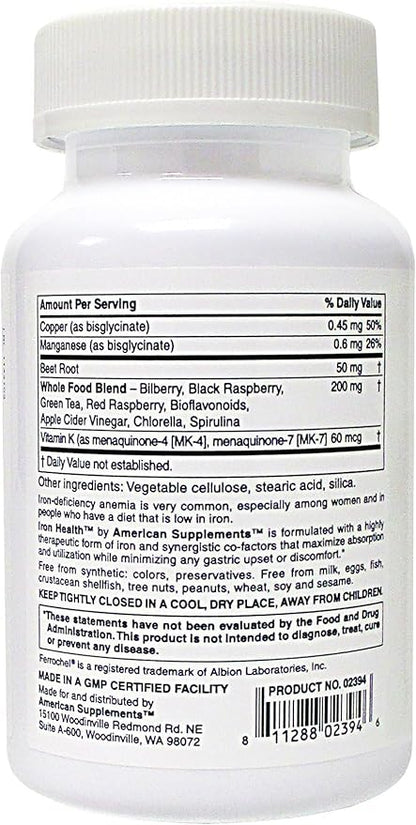 Iron Health 42.5 Mg Non-Constipating Iron with 16 Iron-Supporting Vitamins and Nutrients Including Vitamin C 60 Tablets