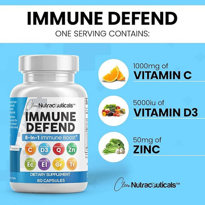 Clean Nutraceuticals Immune Defense Support Supplement 8 in 1 with Zinc 50mg Quercetin, VIT C 1000mg, Vitamin D3 5000 IU, Elderberry, Ginger - Immunity System Booster for Adults, Vegan - 60 Count
