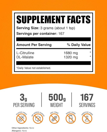 BulkSupplements.com L-Citrulline Malate 1:1 Powder - Citrulline Powder, Amino Acid Supplement - Unflavored & Gluten Free - 3g per Servings, 500g (1.1 lbs) (Pack of 1)
