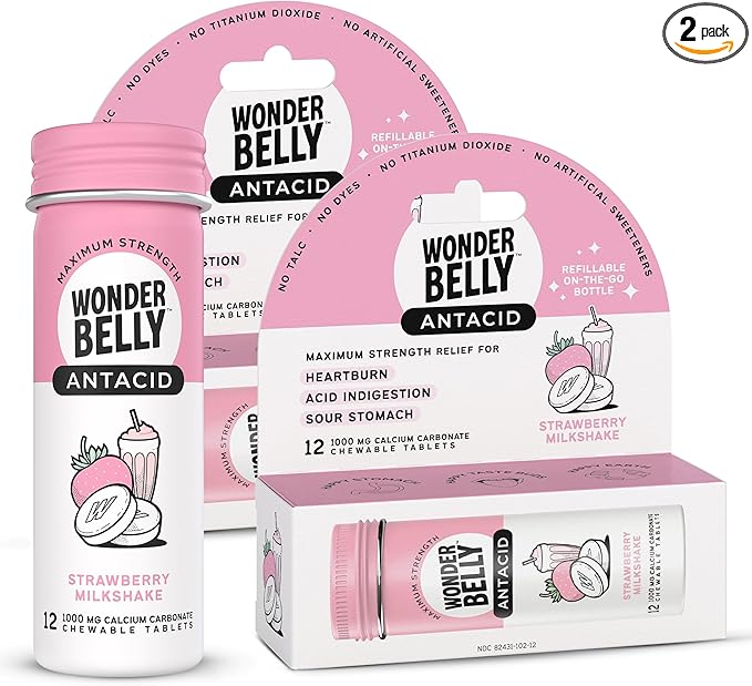 Wonderbelly Antacid, Effective Heartburn & Instant Acid Indigestion Relief, Travel Size Extra Strength Chewable Tablets, 1000 mg Calcium Carbonate, Strawberry Milkshake, 12 Count (Pack of 2)