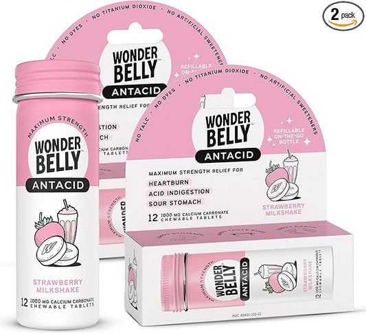 Wonderbelly Antacid, Effective Heartburn & Instant Acid Indigestion Relief, Travel Size Extra Strength Chewable Tablets, 1000 mg Calcium Carbonate, Strawberry Milkshake, 12 Count (Pack of 2)