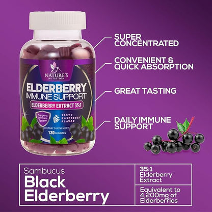 Sambucus Elderberry Immune Gummies - Daily Immune Support for Kids & Adults - Super Concentrated 35:1 Extract, Equivalent to 4200mg of Elderberries, Black Elder Berry Vitamin Supplement - 120 Gummies