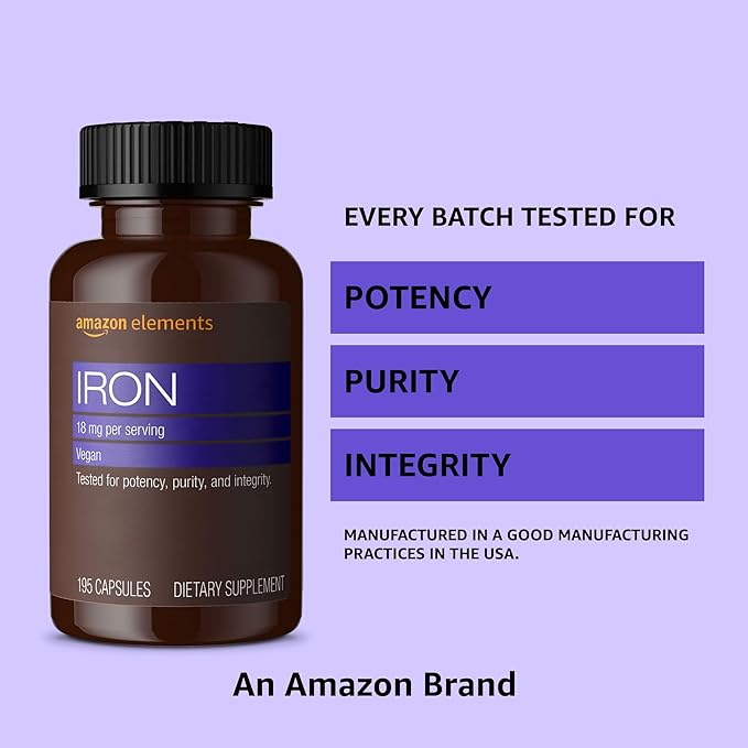 Amazon Elements Iron 18mg Capsules, Supports Red Blood Cell Production, Vegan, 195 Count, 6 month supply (Packaging may vary)