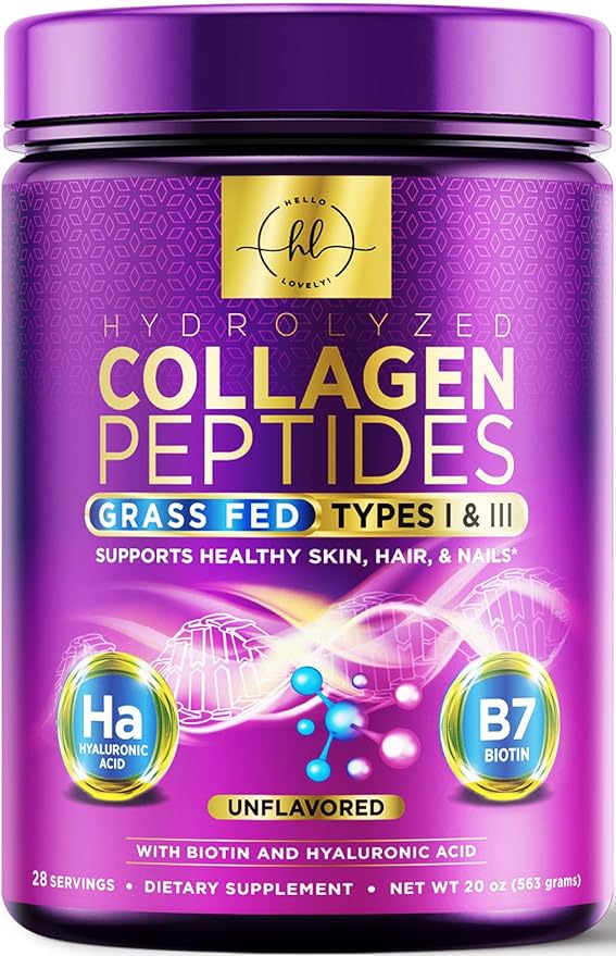 Collagen Peptides Powder - Unflavored Grass Fed Collagen Powder Type I & III Collagen Supplements with Hyaluronic Acid & Biotin - Women's Hair, Nail, Skin, Bones & Joint Health Support - 28 Servings