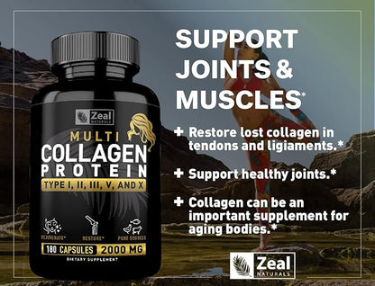 Multi Collagen Peptides Pills (Types Ⅰ,Ⅱ,Ⅲ,Ⅴ,Ⅹ) Grass Fed Collagen Pills (180 Capsules) - Hydrolysate Collagen Protein Blend for Hair, Skin, Nails, and Joint Support - Collagen Pills for Women