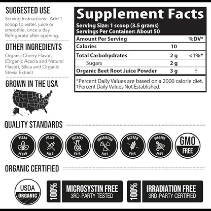 BioBeet® Beet Juice (Black Cherry Flavor) Max Strength 20x High Concentration than Beet Root Powder – Organic, Cold-Pressed, USA Grown, Raw Form – Nitric Oxide, Circulation Support (50 Servings)