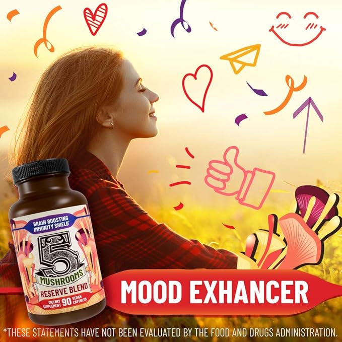 5 Mushrooms Reserve Blend Mushroom Supplement - Lions Mane, Turkey Tail, Reishi, Chaga, Cordyceps - Immune System, Brain, Cognition, Energy, Mood Support