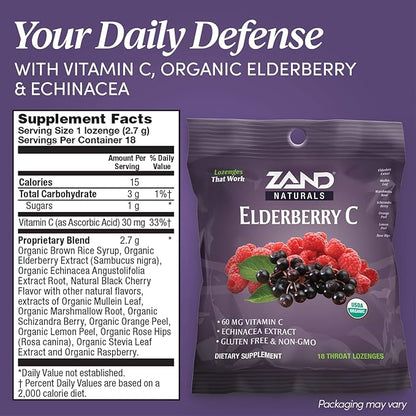 Zand Immunity Elderberry Vitamin C Lozenges, Immune Support Soothing Throat Drops, Elderberry, Vitamin C, Echinacea Extract, No Cane Sugar or Corn Syrup, Gluten Free, Non-GMO (12 Bags, 18 Lozenges)