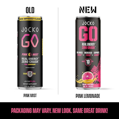Jocko GO Energy Drink - KETO, Vitamin B12, Vitamin B6, Electrolytes, L Theanine, Magnesium- Energy Boost, Sugar Free Nootropic Monk Fruit Blend - 12 Pack (Pink Lemonade)