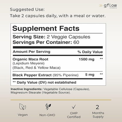 Organic Maca Root Capsules 1500mg - Made with Black, Red, Yellow Peruvian Maca Root Extract & Black Pepper - 120 Vegan Pills - Supports Energy, Performance & Mood for Men & Women