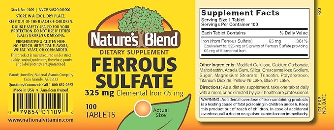 Nature's Blend Iron Ferrous Sulfate 325mg BPK, Assorted, tablets, 100 Count