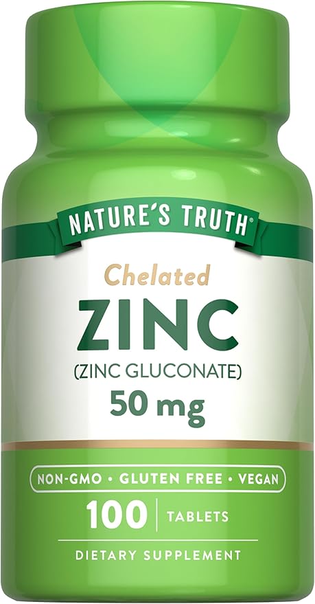 Nature's Truth Chelated Zinc 50mg | 100 Tablets | Essential Mineral Supplement | from Zinc Gluconate | Vegan, Non-GMO & Gluten Free