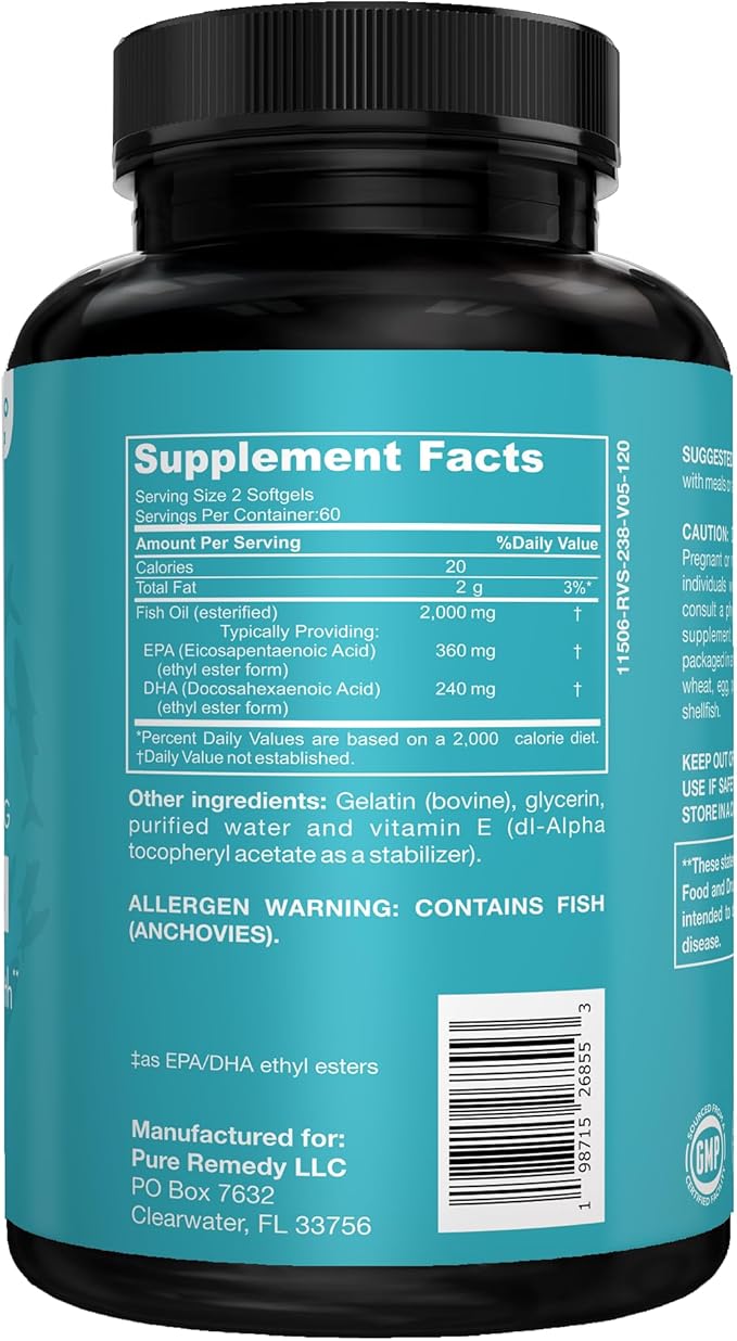 Pure Remedy Omega-3, 2000mg Fish Oil, 600mg EPA/DHA, Wild Caught, 120 Softgels