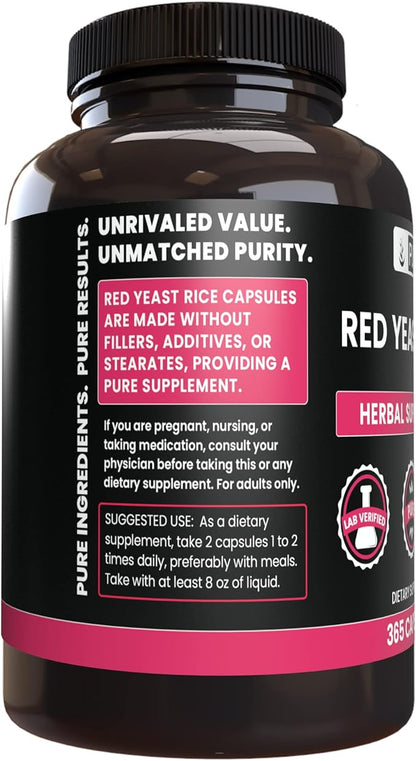 PURE ORIGINAL INGREDIENTS Red Yeast Rice (365 Capsules) No Magnesium Or Rice Fillers, Always Pure, Lab Verified