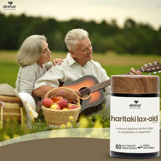 AKSHAR Ayurveda - Haritaki Lax Aid Capsules for Natural Constipation Relief & Indigestion Support - Plant Based Digestive Aid for Regularity & Gentle Rejuvenation - Vegan Cruelty Free (60 Count)