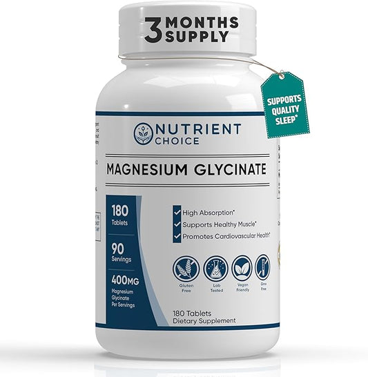 400 mg Pure Magnesium Glycinate 180 Tablets Non Buffered High Absorption Non-GMO Promotes Cardiovascular Health Supplement for Stress Relief, Sleep, Heart Health, Ease Muscles, Calm Headaches, Nerves