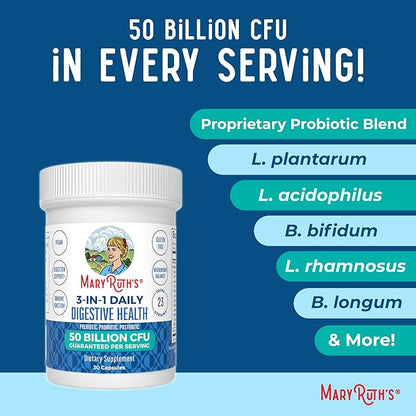 MaryRuth Organics 3 in 1 Probiotics for Digestive Health | Prebiotic & Postbiotic | Gut Health Supplement for Women & Men | Powder Probiotics for Women | Immune Support | 50 Billion CFU | 0.5 oz