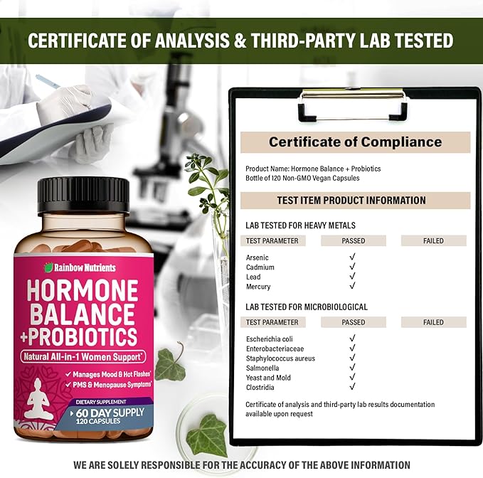 Hormone Balance + Probiotics for Women- Natural Menopause Relief, Weight Management, Bloating, Hot Flashes, PMS | Organic Maca, Chasteberry, Dong Quai & Black Cohosh | Non GMO |120 V Capsules