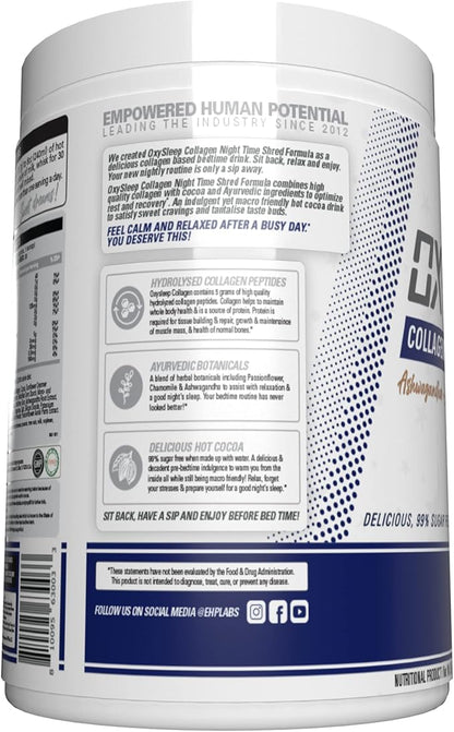 EHP Labs OxySleep Collagen Peptides Powder Night Time Shred - Promotes Deep Sleep & Shredding, Skin, Bones & Muscle Support, Pasture-Raised Bovine Collagen, Type I & III, 30 Servings (Hot Cocoa)