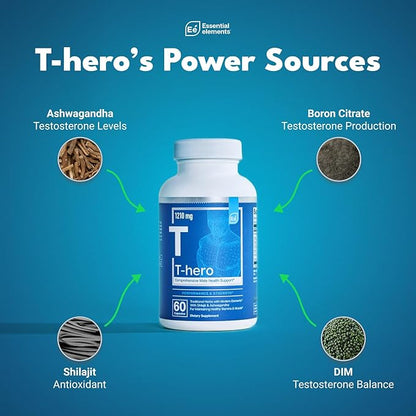 Essential Elements Male Health Supplement - Muscle Support & T-Health with DIM, Ashwagandha, Shilajit, More | T-Hero 60 Vegan Capsules