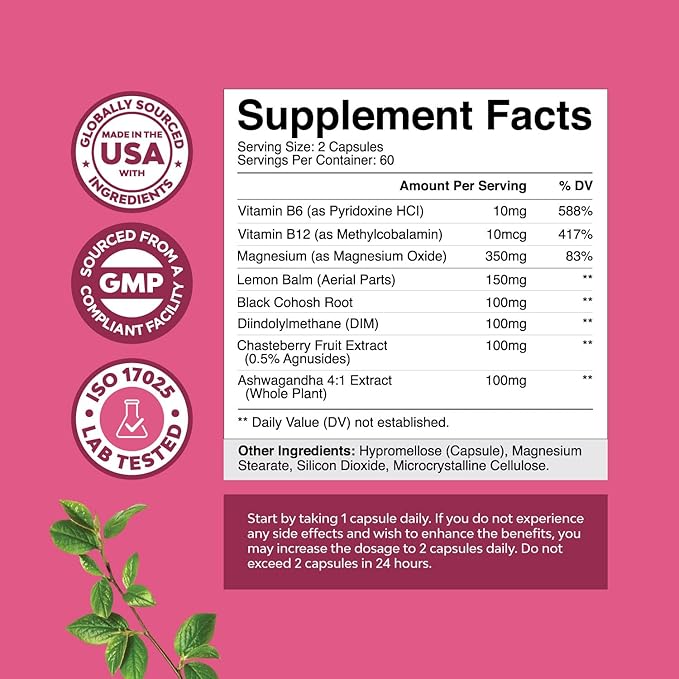 PMS Support Supplement for Women – Hormone Balance for Women & Menstrual Discomfort with DIM, Chasteberry, Black Cohosh & Ashwagandha - for Period Cramps Ease, Menopause Bloating, Mood Swing – 120 Ct