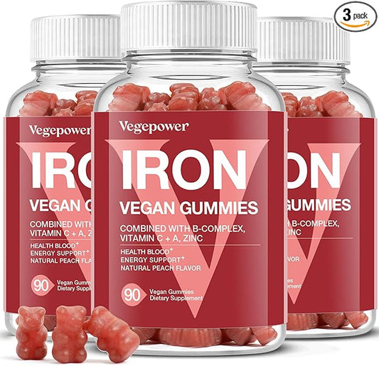 Iron Gummies Supplements for Women & Kids - Multivitamin with Iron for Blood Oxygen, Great Tasting Gummy Vitamins with Vitamin C for Max Absorption - Vegan Chewable, Peach Flavor(3 Packs)
