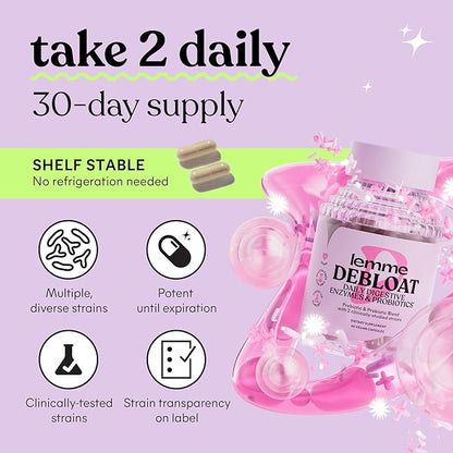 Lemme Debloat 3-in-1 Prebiotic, Probiotic & Digestive Enzyme Capsules for Bloating & Gas Relief - 2 Clinically Studied Probiotics w/5 Digestive Enzymes to Improve Digestion, Women & Men, (60 Count)