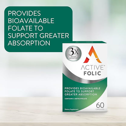 Active Folic 400mcg, Folic Acid Supplement for Pregnancy, 60 Capsules, Helps Fight Tiredness, Fatigue, Highly Absorbed, L-Methylfolate, Vegan, 2 Month Supply