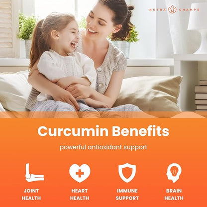 NutraChamps Turmeric Gummies for Adults & Kids with Ginger & Black Pepper Extract, 95% Curcuminoids, Vegan Natural Curcumin Joint Support Supplement, Tumeric Gummy Supplements