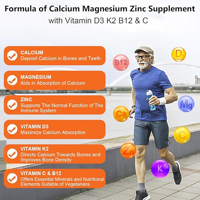 Calcium Magnesium Zinc Supplement with Vitamin C D3 B12 K2, 1000mg Calcium, 400mg Magnesium for Immune Energy Support, Bone Health and Muscle Function Softgels, 240 Count