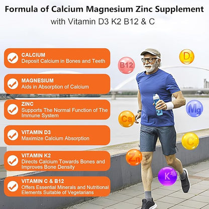 Calcium Magnesium Zinc Supplement with Vitamin C D3 B12 K2, 1000mg Calcium, 400mg Magnesium for Immune Energy Support, Bone Health and Muscle Function Softgels, 240 Count