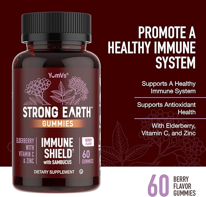 YUM-V'S Strong Earth by YumV's Immune Shield with Sambucus Elderberry Gummies for Adults - Black Elderberry with Vitamin C and Zinc - Berry Flavored Immune Support Gummies (60 Count (Pack of 1))