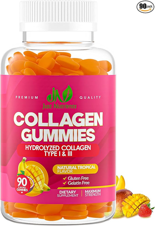 Collagen Gummies for Women & Men (90 Count) - Premium Hydrolyzed Collagen Type I & III for Hair, Skin & Nails Support - Great Tasting Tropical Flavor, Gluten-Free, Non-GMO - 90 Gummies (45 Servings)