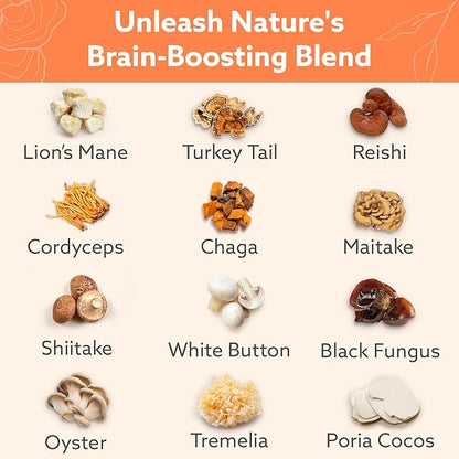 Multi-Mushroom Supplement - Complex For Brain, Immune Support, Nootropics - Performance Blend with Lions Mane, Turkey Tail, Reishi, Cordyceps, Chaga, Maitake, Shiitake, and More - 60 Capsules