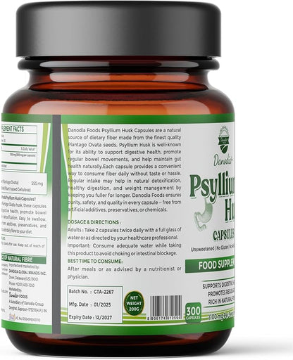 Danodia Foods Psyllium Husk Capsules – 300 Count | Veg Capsules | No additives or Filers | Gluten-Free, Non-GMO | Natural Fiber Supplement | No Artificial Colors or Preservatives