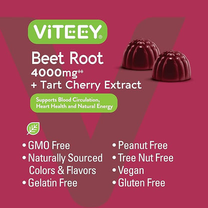 Viteey Beet Root Gummies 4000mg with Tart Cherry - for Healthy Blood Pressure Support - Vegan, Gelatin Free, Gluten Free - Tasty Chewable Berry Beet Flavored Gummy