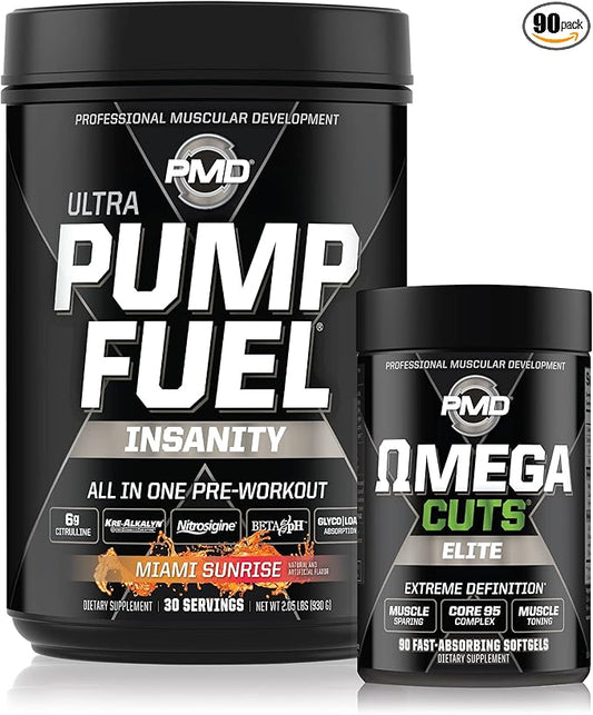 PMD Sports PMD Sports Ultra Pump Fuel Insanity - Pre Workout - Miami Sunrise (30 Servings) & PMD Sports Omega Cuts Elite Thermogenic Fat Burner (90 Softgels)