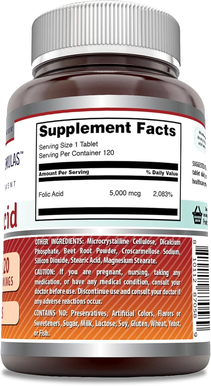 Amazing Formulas Folic Acid (Vitamin B9) Supplement | 5000 Mcg per Serving | 120 Tablets | Non-GMO | Gluten-Free | Made in USA