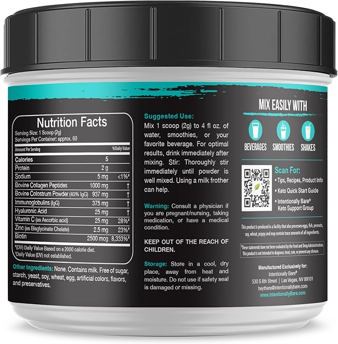 Intentionally Bare Colostrum and Collagen Powder - Colostrum Supplement with Biotin and Collagen Peptides - Colostrum Powder for Skin, Joint & Gut Health - Unflavored Collagen Supplements 60 Servings