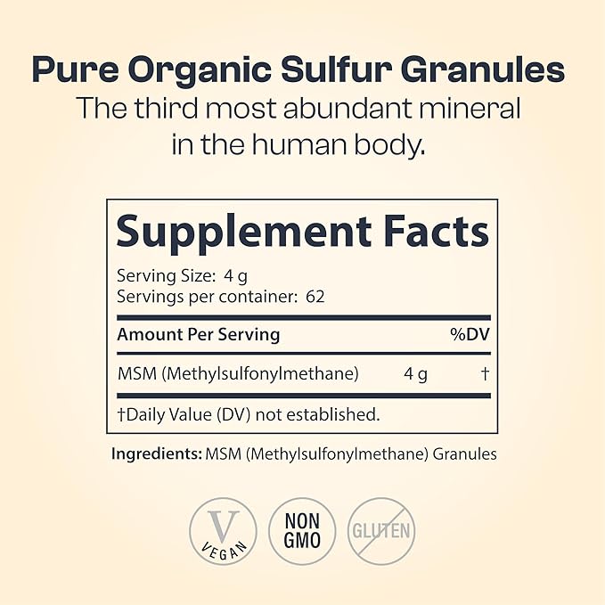 My Vida Origins Pure Organic Sulfur | 99% Pure MSM Granules Supports Skin, Hair, & Joint | Non-GMO, Vegan, Gluten Free (62 Servings) 2 Months Supply